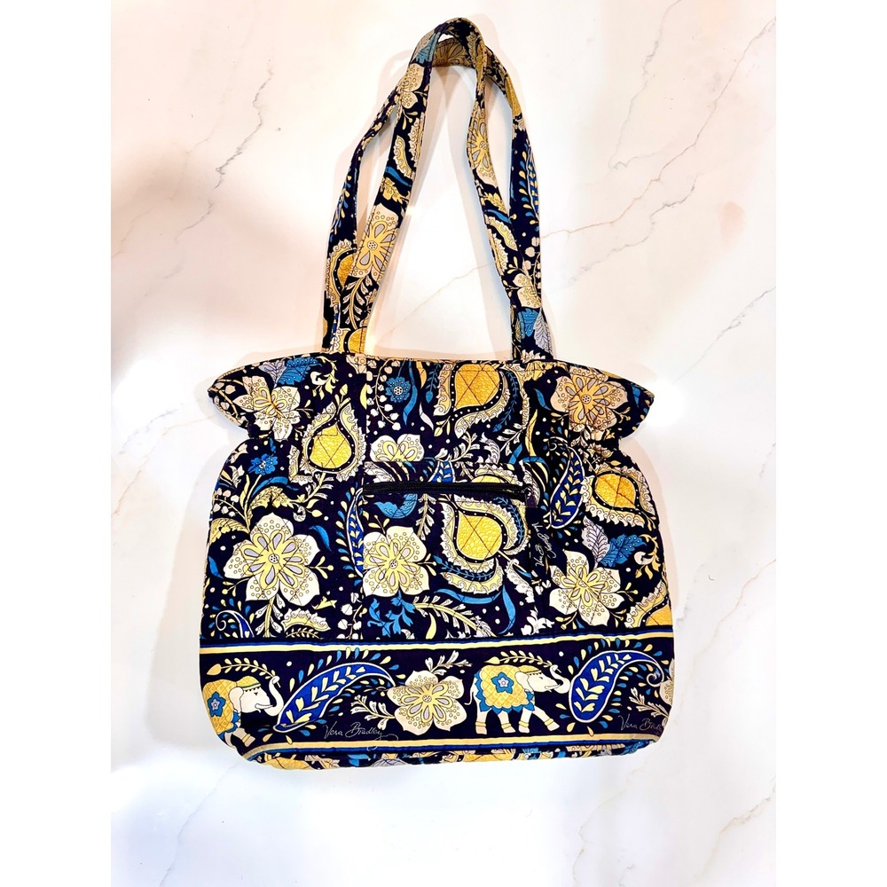 Vera Bradley Ellie Blue Elephants Quilted Cotton Tote Bag Navy Yellow Floral